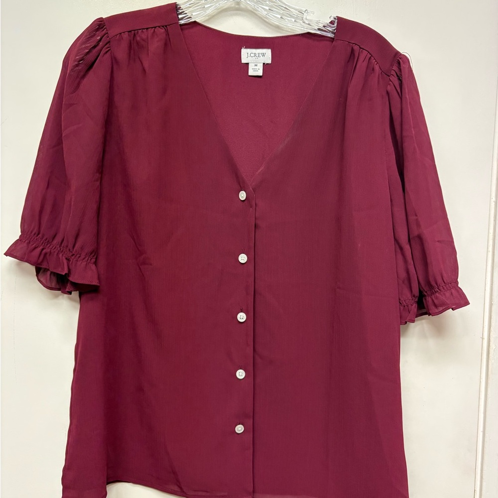 J. Crew Button-Front V-Neck Blouse in Berry Size M